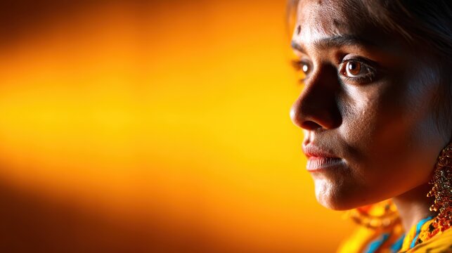 An expressive portrait of a stunning woman with intricate traditional jewelry, set against a warm orange backdrop, symbolizing richness and cultural heritage in beauty.