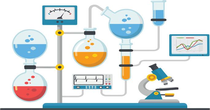 Laboratory equipment setup with microscope and various glassware for experiments