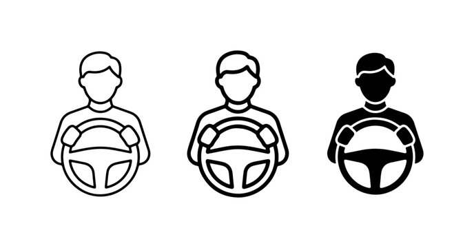 Driver Icons Set, Person Driving Car Steering Wheel Symbols, Transportation and Automotive Vector Graphics