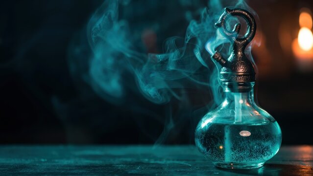 Mystical glowing glass hookah with swirling blue smoke