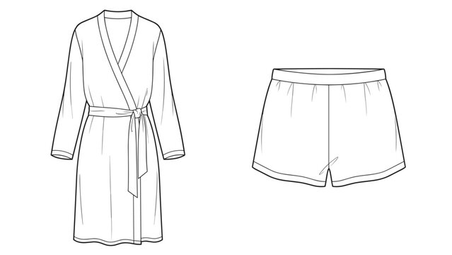 womens open front robe and elastic waist shorts flat sketch vector illustration technical cad drawing template