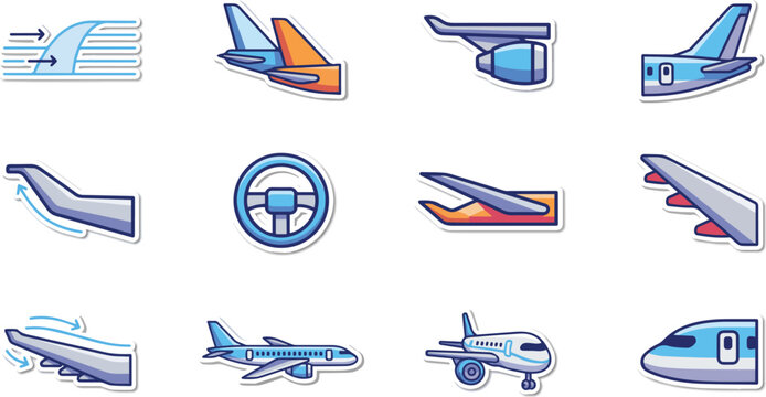 Set of colorful airplane and train icons on white background