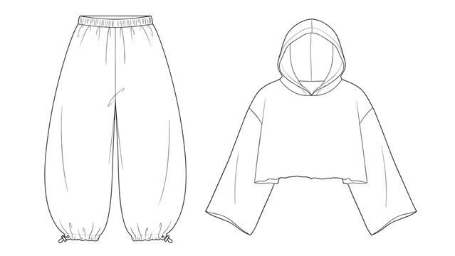 womens oversized cropped hoodie and baggy jogger sweatpants flat sketch vector illustration technical cad drawing template