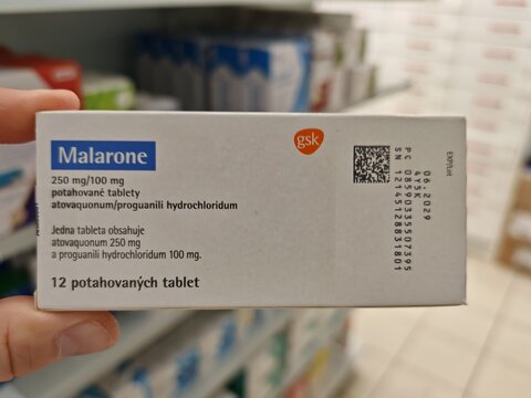 Prague,Czech Republic-April 2 2026: MALARONE Atovaquone Proguanil by GSK tablets used for malaria prevention and treatment