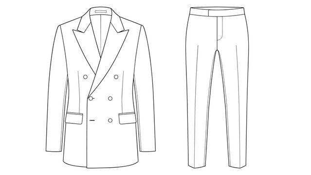 mens double breasted blazer and slim fit formal trousers flat sketch vector illustration technical cad drawing template