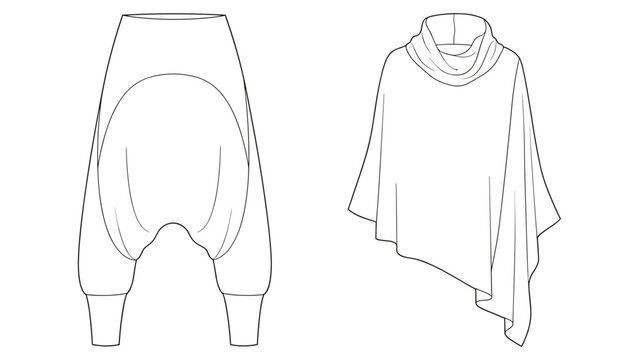 womens asymmetric draped poncho and low crotch harem pants flat sketch vector illustration technical cad drawing template