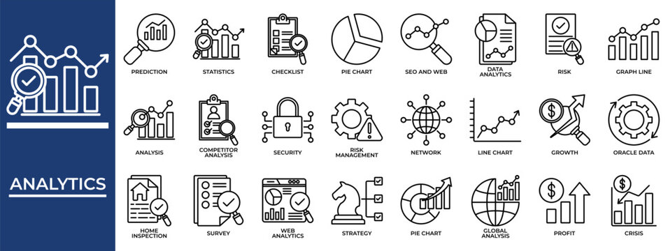 Analytics icon set collection. Containing statistics, increase, review, seminar, inspection, profit, seo .Line vector icons collection