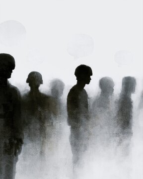 Military silhouettes fading into abstract symbols of dialogue and collaboration, de-escalation concept, editorial-free design