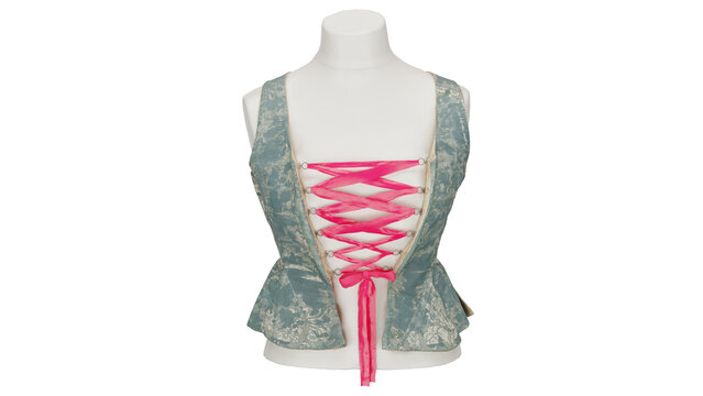 3d rendering of a blue and pink lace up top on a mannequin