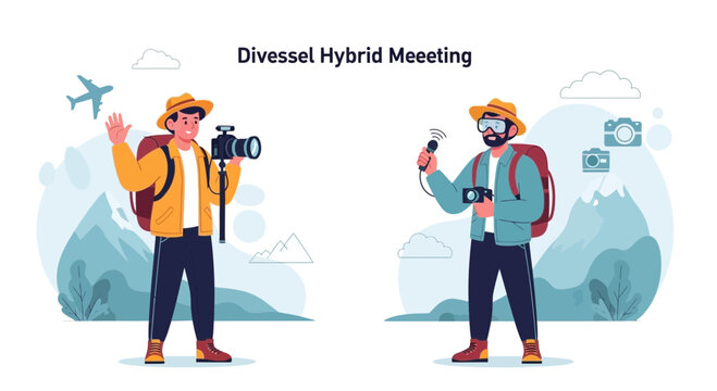 Travelers with cameras and microphones in a mountainous landscape, representing hybrid meetings or remote work