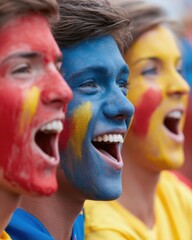 Obraz premium Young football fans painted in national colors cheering enthusiastically during a major international tournament