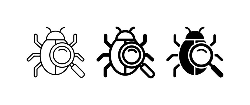 Bug Search Icons, Magnifying Glass Insect Symbol, Debugging Vector Graphics
