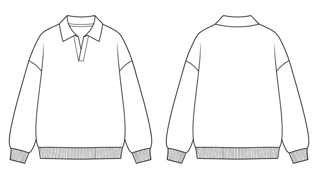 Polo collar sweatshirt flat technical drawing illustration mock-up template for design and tech packs men or unisex fashion CAD streetwear rugby style pullover