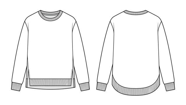 Side slit crewneck sweatshirt with high low hem technical drawing illustration mock-up template for design and tech packs men women fashion CAD streetwear