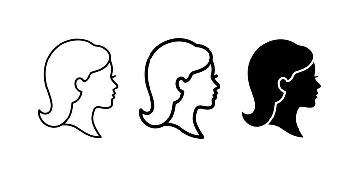 Female Profile Icons, Woman Head Silhouette, Outline and Solid Vector Graphics