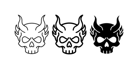 Obraz premium Devil Skull Icons, Horned Skull Vector Graphics, Spooky Halloween Symbols, Black and White Designs