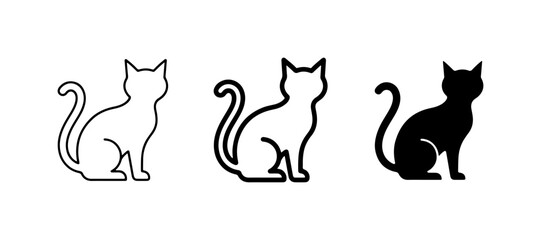 Naklejka premium Cat Icons, Silhouette and Outline Vector Graphics, Pet Animal Symbols