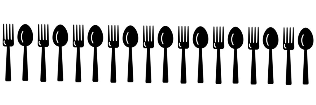 Seamless pattern background with black fork and spoon silhouette icons row