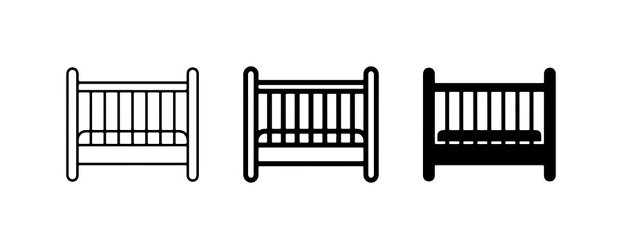 Baby Crib Icons Set, Infant Bed Vector Graphics, Newborn Sleep Furniture Collection