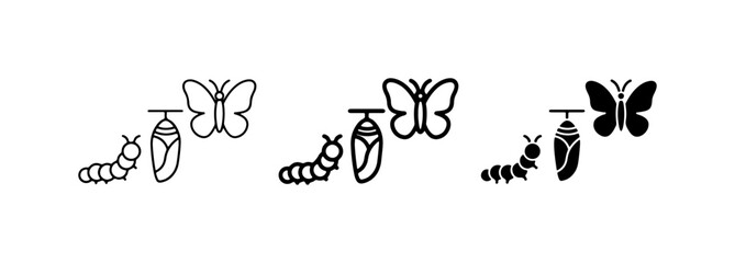Butterfly Life Cycle Stages: Caterpillar, Chrysalis, and Adult Insect Icons © Sujon