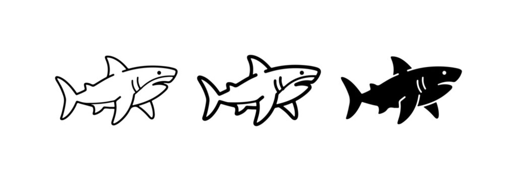 Shark Icons, Vector Graphics, Marine Life, Ocean Predator, Silhouette, Outline, Black and White
