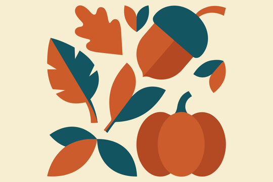 Autumn harvest vector illustration with pumpkin, acorn, and fall leaves in flat geometric style for seasonal design