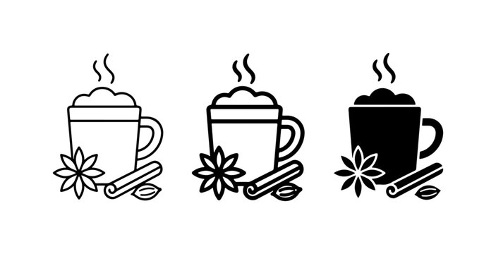 Hot Beverage Icons: Chai Latte, Coffee, Cocoa, Warm Drink Vector Set