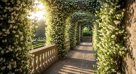 Obraz premium A grand stone patio with climbing jasmine plants, a small table, and chairs under a sunny sky.