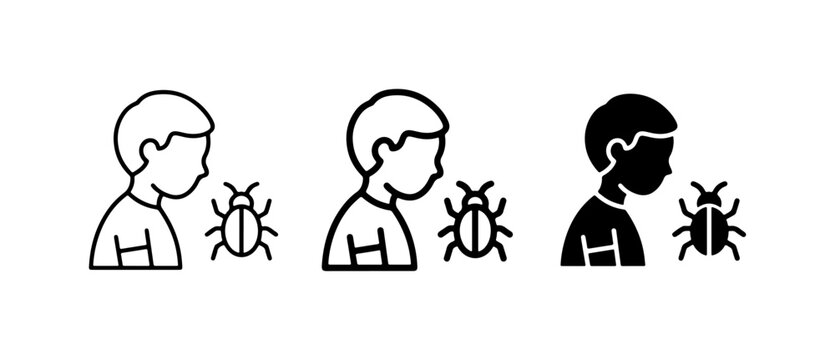 Child Observing Insect, Icon Set: Line Art, Outline, Silhouette, Bug Study