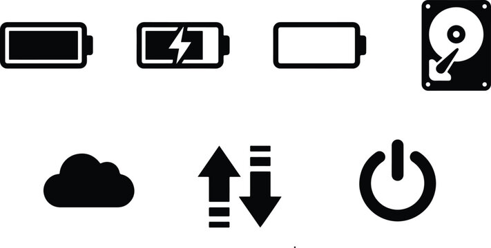 Set of minimalist technology and computer system user interface icons isolated on a white background