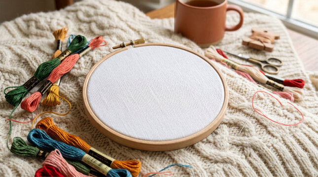Blank embroidery hoop mockup with colorful threads and a cup on a cozy knitted blanket
