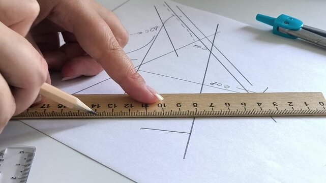 the architect draws the project using a ruler and pencil. Construction projects, building design. Geometry