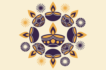 Diwali festival background with decorative diya lamps and rangoli patterns, traditional indian oil lamps illustration for diwali celebration greeting card design © Misu