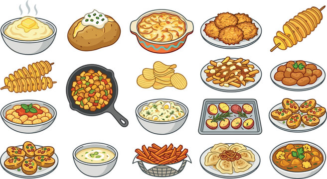 Potato Dishes Vector Illustration Icon Set Featuring Mashed Potatoes, Poutine, Baked, Fried Skewers, Gnocchi, Soup, and Dumplings for Cooking Menus and Food Graphic Designs
