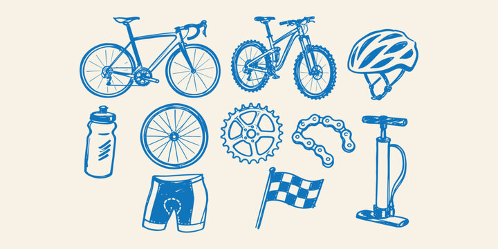cycling elements and bicycle sport outdoor adventure doodle icon set with road bike mountain bicycle helmet water bottle wheel sprocket chain pump shorts and checkered flag vector illustration