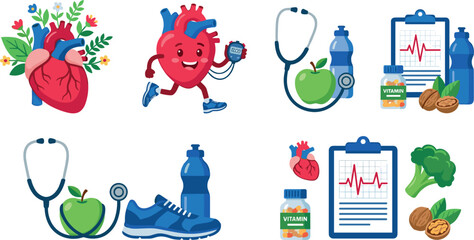 Naklejka premium Anatomical Heart with Flowers Running Mascot and Healthcare Icons Featuring Diet Foods Stethoscope and Cardiogram Report for Clinic Branding and Digital Designs