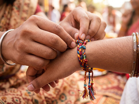 Friendship Band Being Tied Around a Wrist During Friendship Day Celebration Symbolizing Loyalty Trust Affection Social Bonding and Traditional Friendship Rituals