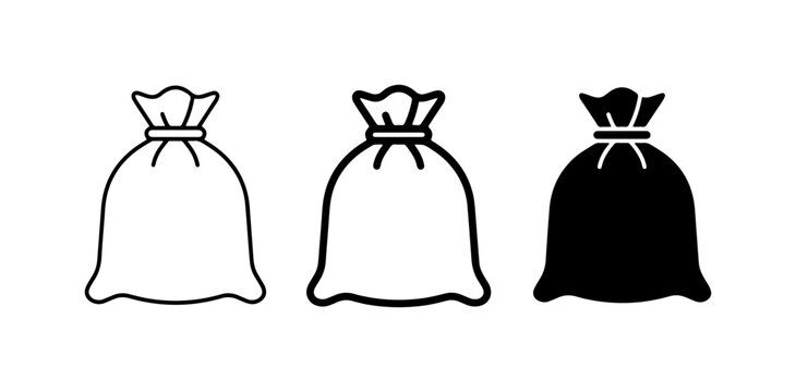 Drawstring Bags: Line Art, Outline, and Solid Black Icons for Storage and Packaging