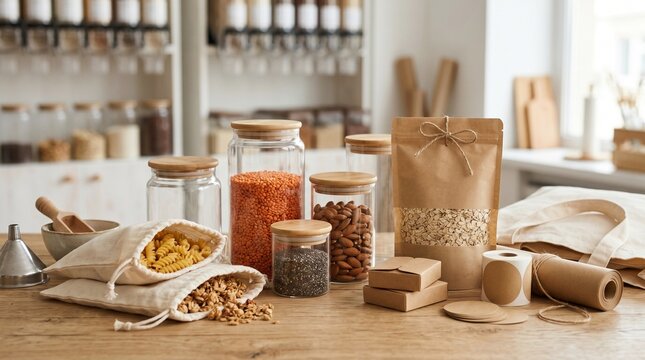 Zero waste grocery store packaging mockup with glass jars and reusable cotton bags on wooden table