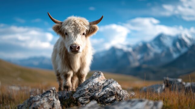 A charming highland cow stands majestically amidst a breathtaking landscape, capturing the beauty of nature and the tranquility of rural life in the great outdoors.