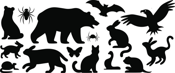 Naklejka premium Wild and domestic animals black silhouettes vector icon set featuring bear eagle cat rabbit and insects isolated on white background