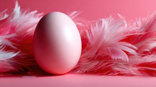 This image features a beautifully smooth pink egg nestled among soft pink feathers, creating an inviting and delicate atmosphere that symbolizes gentleness and new beginnings.