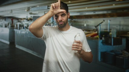 Fototapeta premium Man holding a water bottle, hand and forearm visible, making l sign to forehead while standing in a commercial kitchen inside a building; teasing thirst.