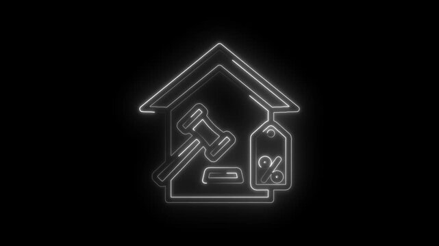 Glowing neon house icon with gavel and percentage tag symbolizing real estate auction foreclosure
