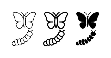 Butterfly and Caterpillar Icons, Insect Life Cycle Vector Graphics, Simple Outline and Silhouette Styles © Monir