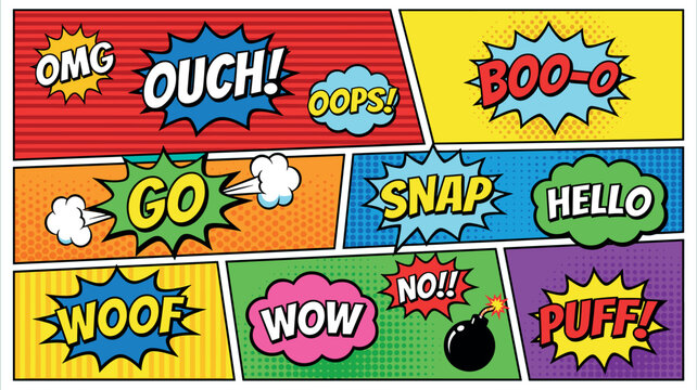 Comic Book Sound Effects Page Layout Vector Set Featuring OMG Ouch Oops Go Snap Hello Woof Wow No Puff Text in Bright Pop Art Speech Bubbles