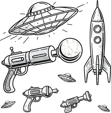 vintage retro sci fi hand drawn sketch elements collection featuring ufo spaceships rocket and ray gun weapons vector