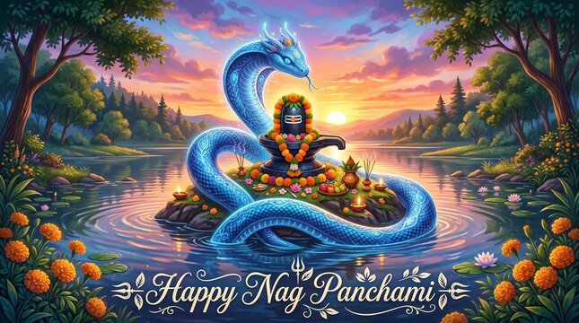 Serpentine water sculpture honors nag panchami festival.