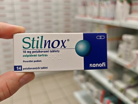 Prague,Czech Republic-April 2 2026: STILNOX (Zolpidem) 10 mg film coated tablets used for short term treatment of insomnia