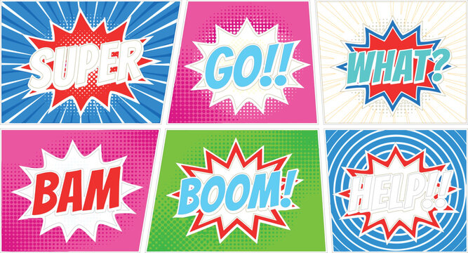 Comic Book Sound Effects Grid Layout Vector Icon Set Featuring Super Go What Bam Boom and Help Text in Colorful Pop Art Halftone Burst Panels